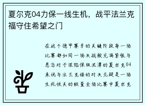 夏尔克04力保一线生机，战平法兰克福守住希望之门